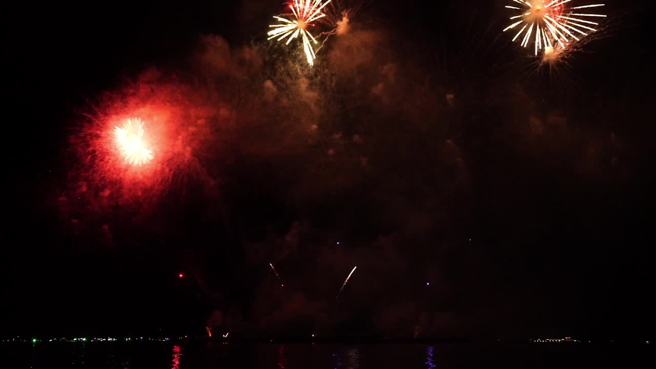 真正的烟花背景。烟花表演，抽象模糊的真正的金色闪耀的烟花灯在夜空。炽热的烟花表演。烟花爆炸性材料。除夕夜放烟花庆祝视频素材