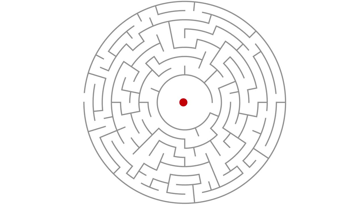 圆形迷宫与推路径复杂的方式。解决问题和找出解决办法的迷宫概念视频素材