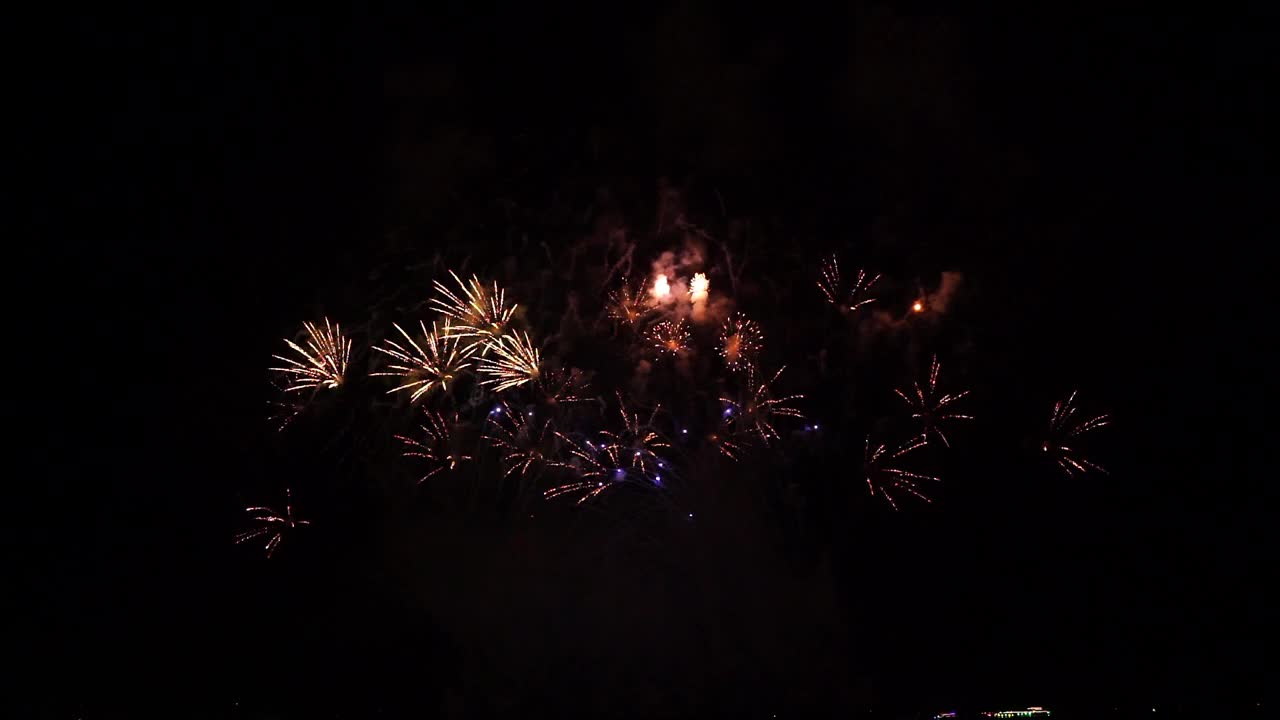 真正的烟花背景。烟花表演，抽象模糊的真正的金色闪耀的烟花灯在夜空。炽热的烟花表演。烟花爆炸性材料。除夕夜放烟花庆祝视频素材