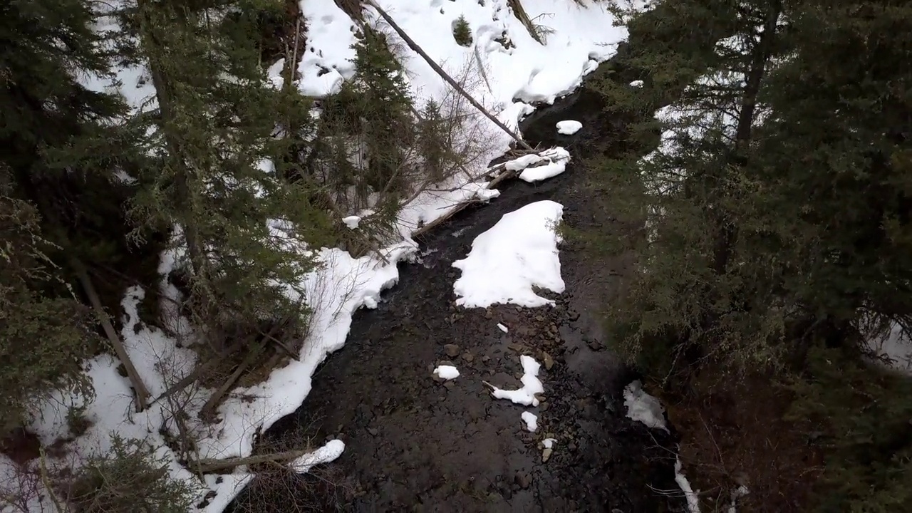 空中倾斜向下拍摄的河流在雪中流过运河，无人机在冬季在蒙大拿比林斯的森林中爬升视频素材