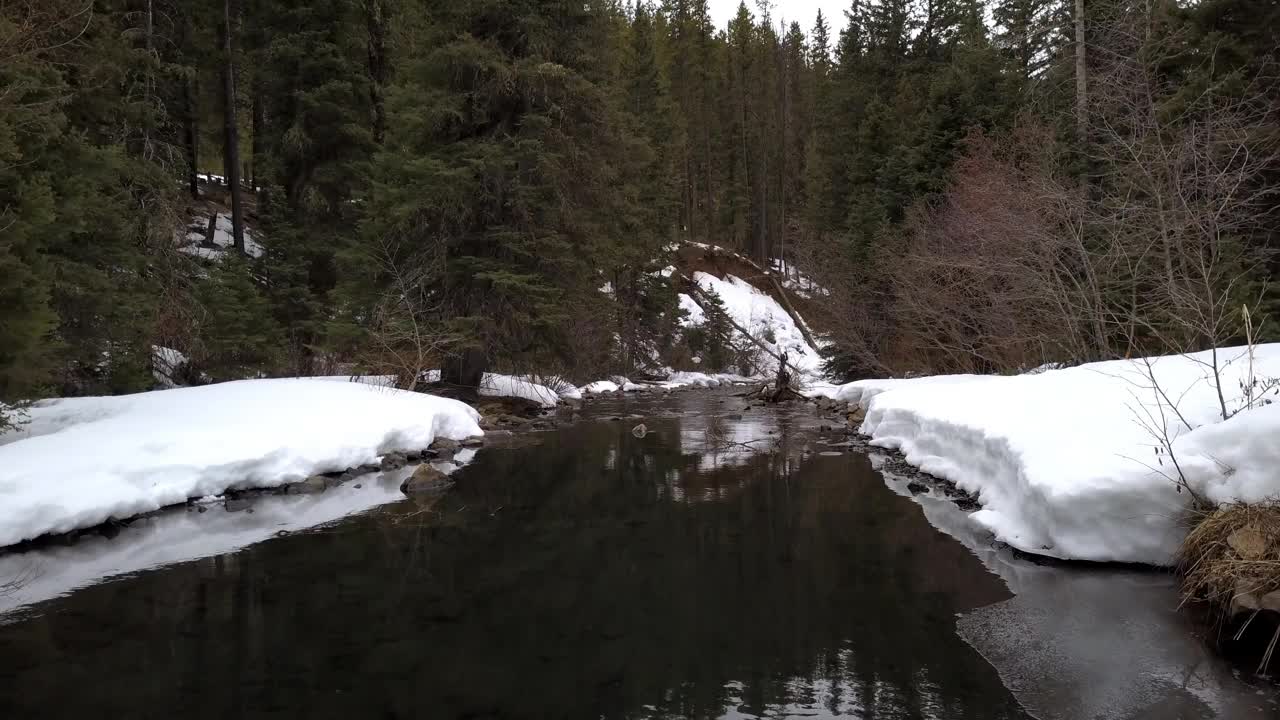 航拍:在蒙大拿的比林斯，在森林里的雪和树木中，无人机向前飞过流经运河的河流视频素材