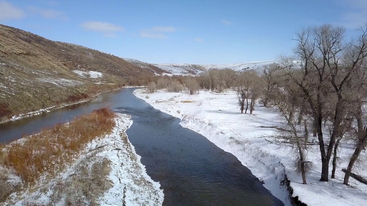 航空拍摄的河流附近的光秃秃的树木和山脉，无人机下降在雪景对天空-比林斯，蒙大拿州视频素材