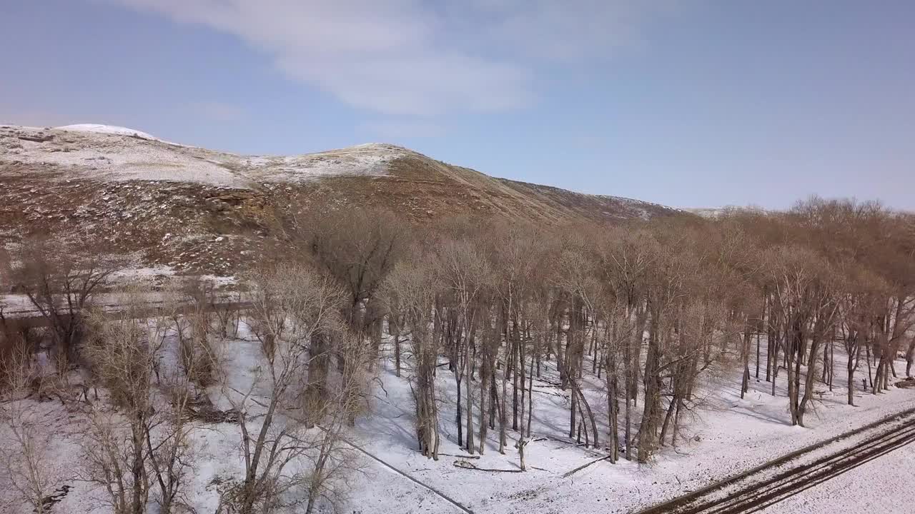 航拍:无人机向前飞行在光秃秃的树在雪附近的河流和山脉对天空比林斯，蒙大拿州视频素材