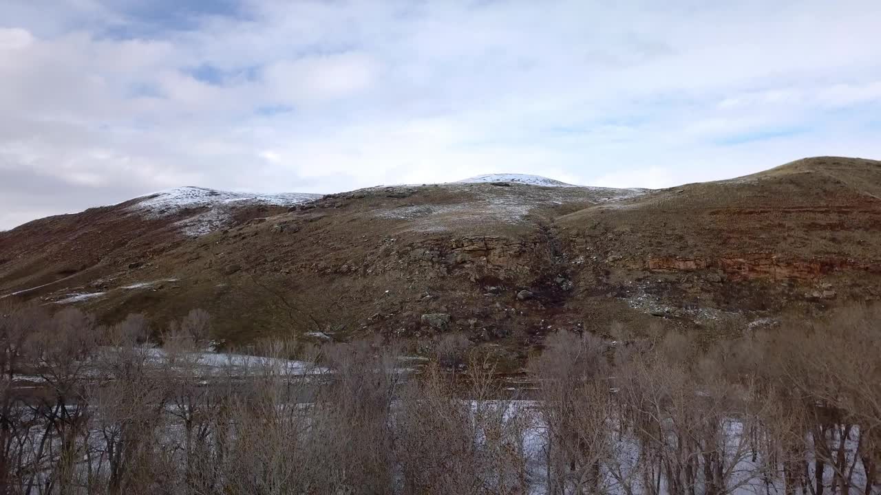 空中拍摄的山脉附近的光秃秃的树木在雪地上，无人机降落在森林对天空-比林斯，蒙大拿州视频素材