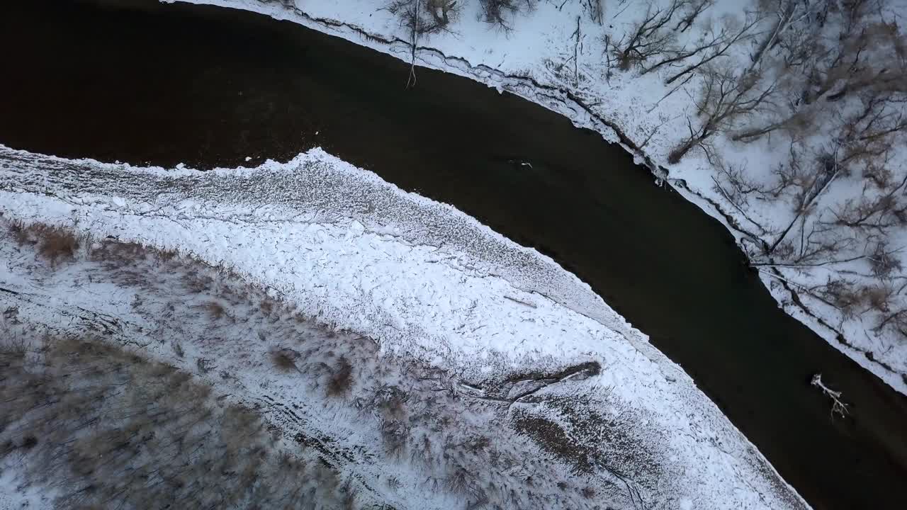 空中俯瞰的河流在光秃秃的树木在雪地上的森林-比林斯，蒙大拿州视频素材