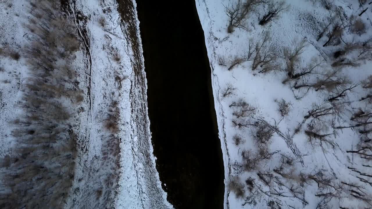 空中倾斜拍摄的河流在光秃秃的树木中，在森林的雪对天空在森林-比林斯，蒙大拿州视频素材