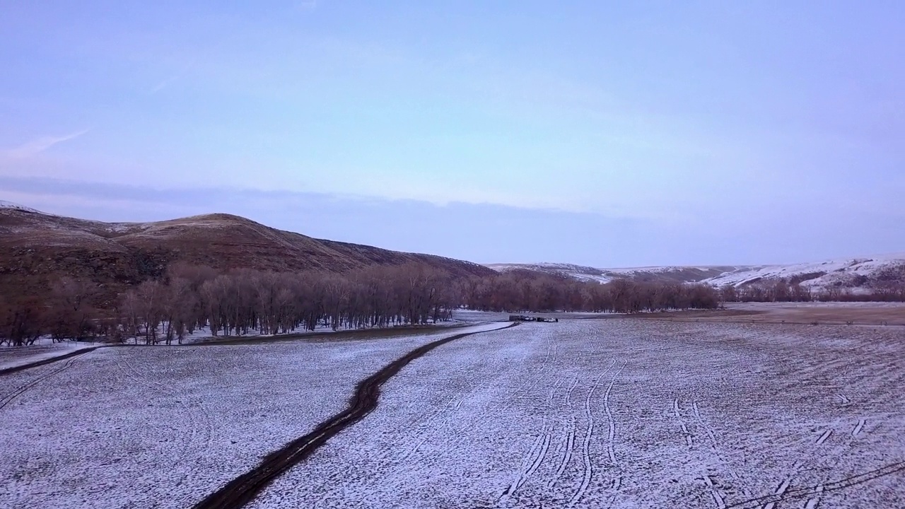 航空拍摄的雪景附近的森林和山脉，无人机飞行在建筑物附近的光秃秃的树木对天空-比林斯，蒙大拿州视频素材