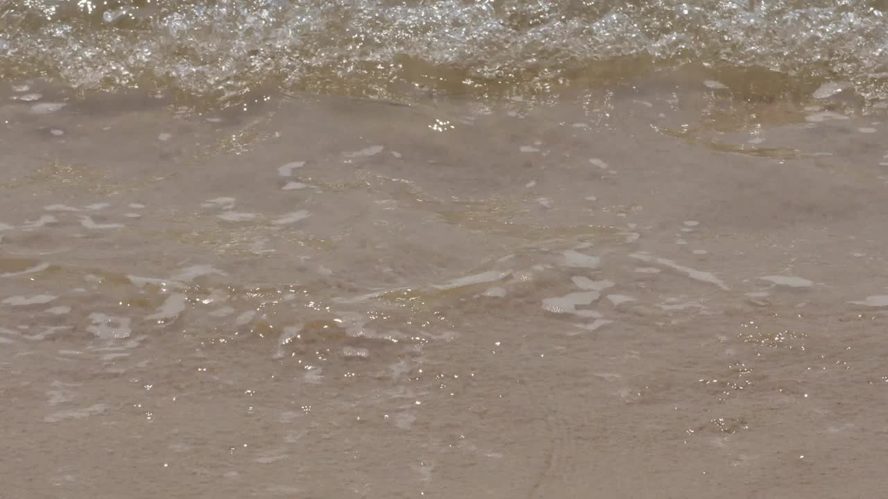 海边的沙滩海水泡沫透明的金黄色沙滩。风景宜人的风景视频素材