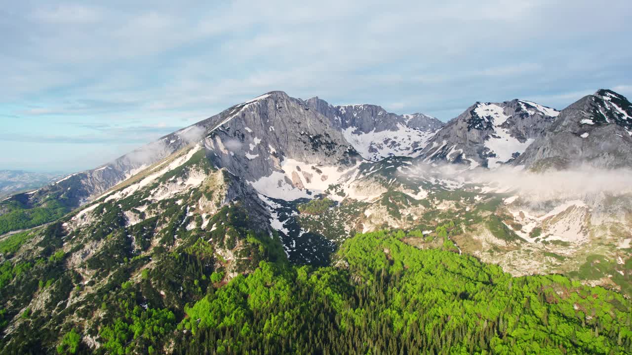 黎明时分飞向森林上方的山峰视频素材