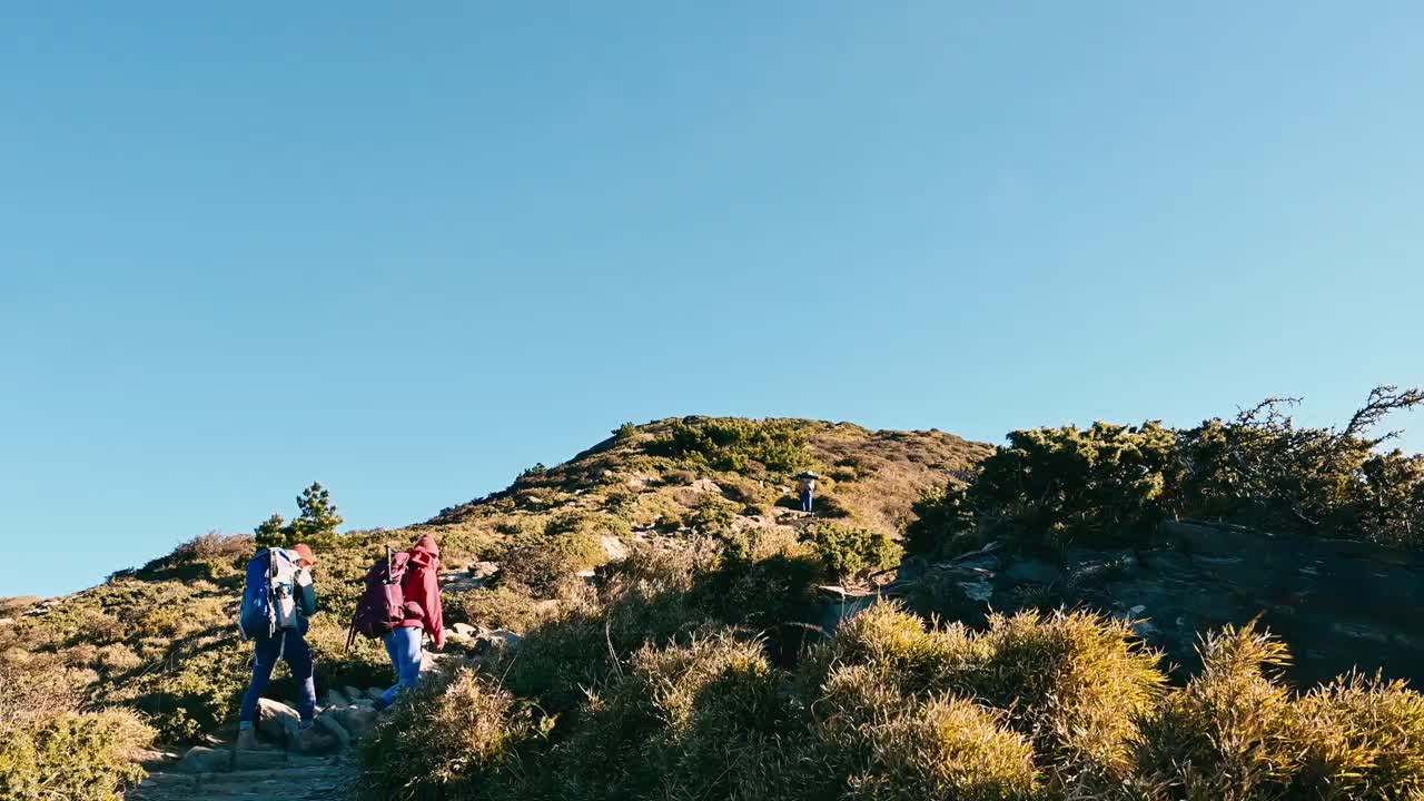 徒步旅行者独自走在山顶上。视频素材