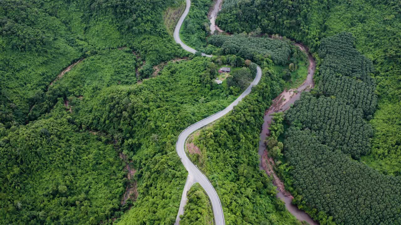 在森林景观之间的弯曲道路上的无人机视图视频素材