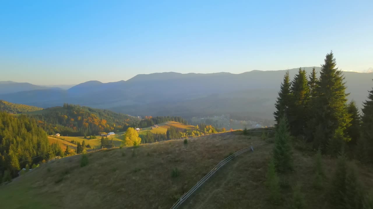 鸟瞰喀尔巴阡山脉丘陵与小乌克兰村庄房屋在日落。秋天，松林灯火通明，散落着当地的居民楼视频素材