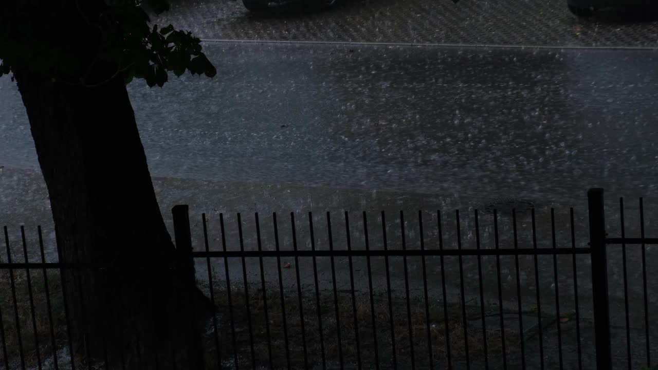 暴雨倾盆，夏季雷暴。绿色的树作为背景。多风多雨的天气，近距离拍摄带有散景的暗夜镜头。季节热带雨林风暴视频素材