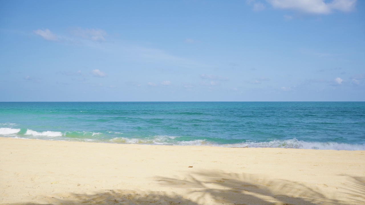 全景海滩海浪溅沙。椰树叶荫沙滩美好的夏天。视频素材