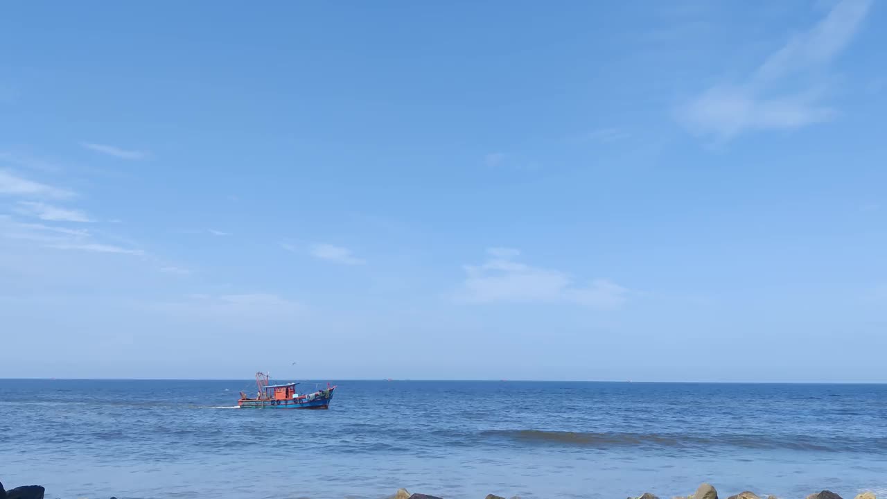 印度科兰，库日图拉——1月23日:传统的喀拉拉邦渔民在印度海岸航行。他正在用远洋捕鱼法在海里捕鱼。视频下载