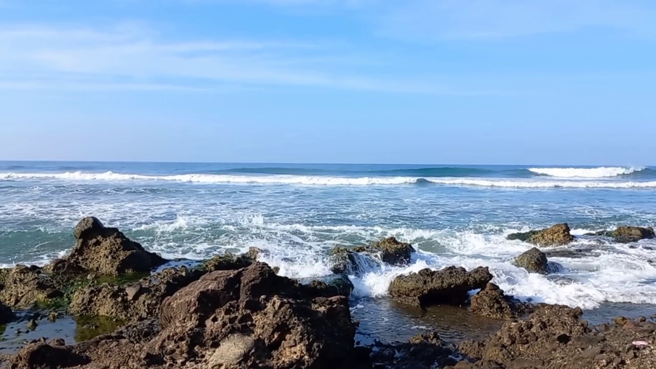 全景的黑色岩石海滩和海浪与蓝天的背景。视频下载