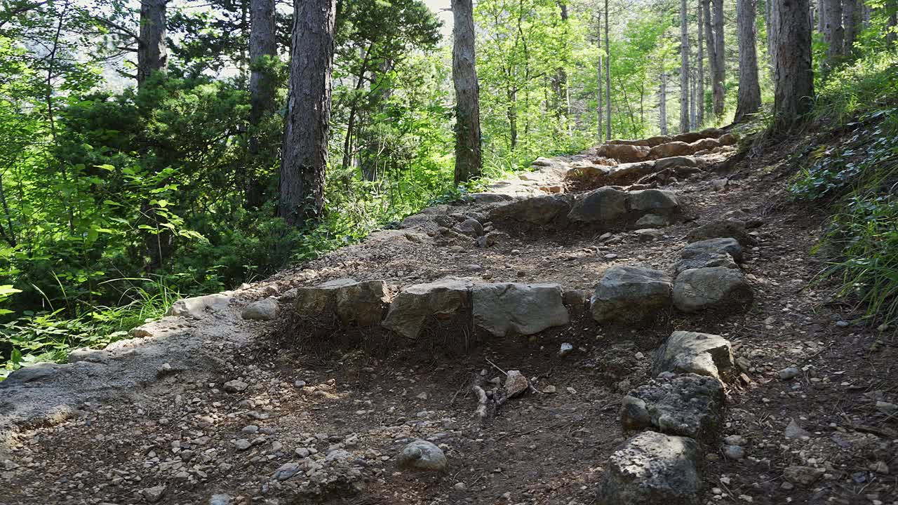 一个女孩穿着登山靴，拄着拐杖在树林里爬着一条泥泞的岩石小道视频下载