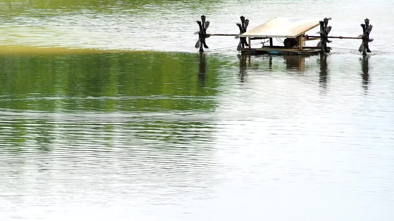 池塘中太阳能电池发电的水轮机视频素材