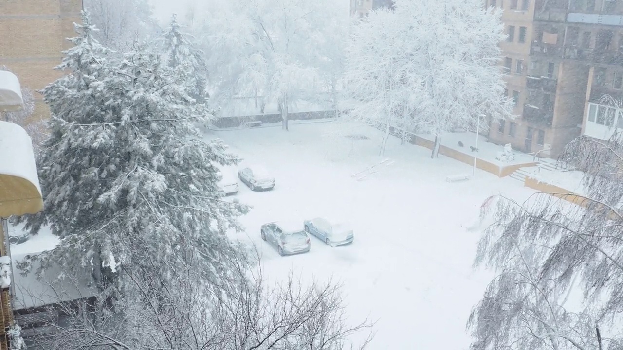 巴尔干半岛的暴风雪。城市街道和庭院出现大雪和大风。白雪覆盖的道路。巨大的白色雪花盘旋着。树枝在摇摆。视频素材