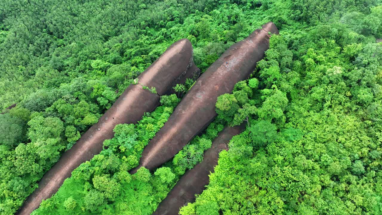 3鲸鱼岩。鸟瞰泰国Bueng Kan的Phu Sing国家公园的三块鲸鱼石。视频素材