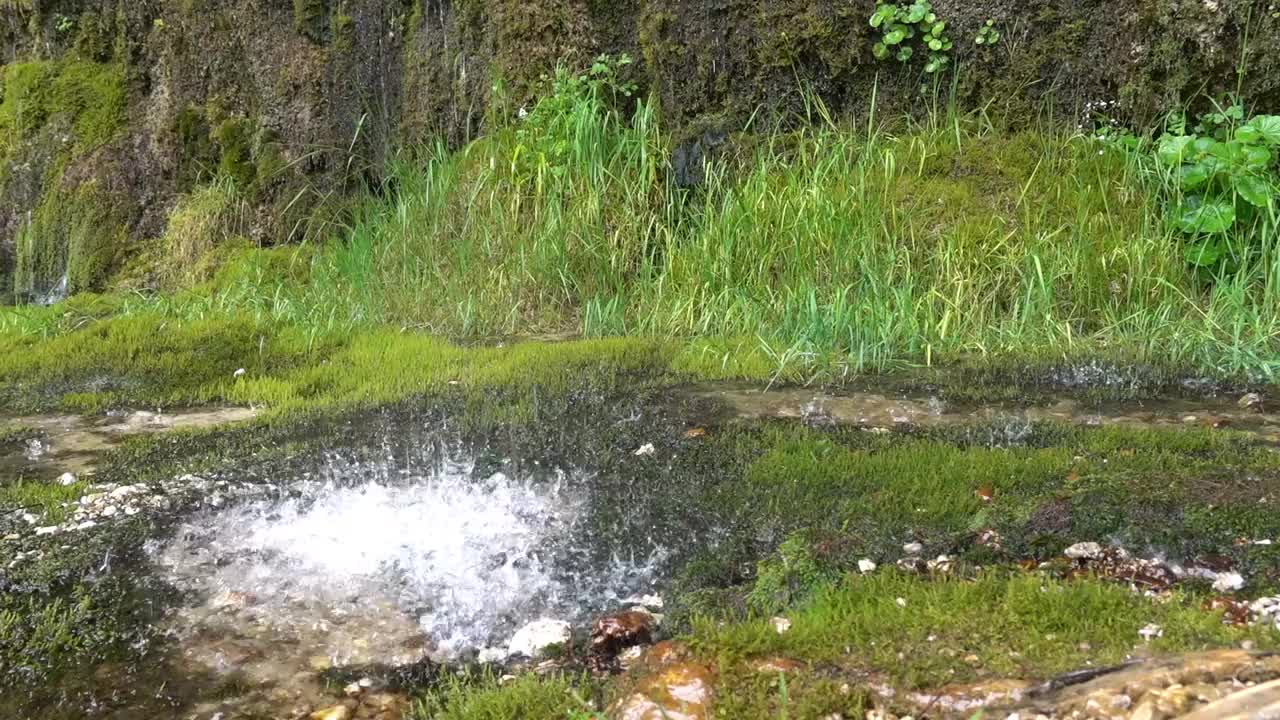 清澈的冷水从名为rinnende mauer的悬垂砾岩壁上滴下视频素材