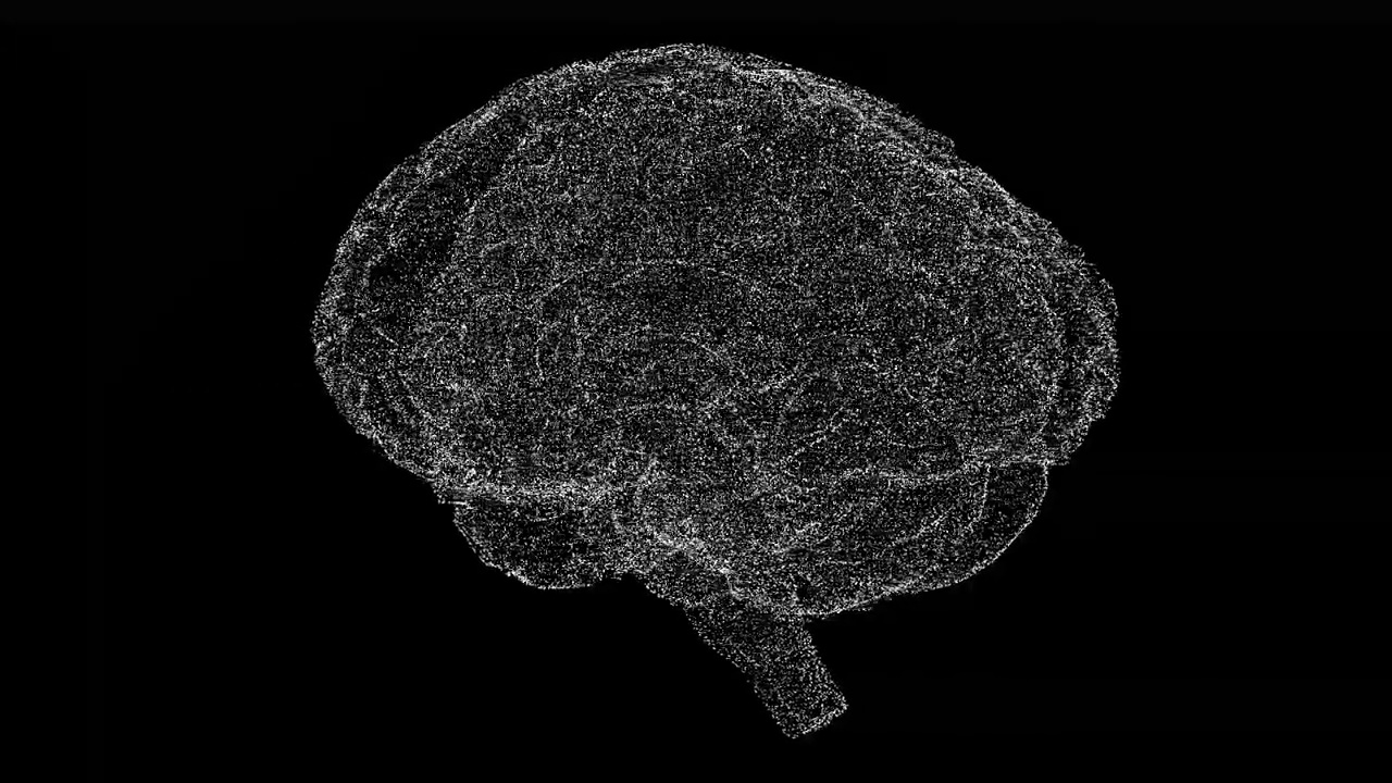 3D大脑在黑色bg上旋转。物体溶解了闪烁的微粒。科学的医学理念。用于标题，文本，演示。3d动画60 FPS。视频素材