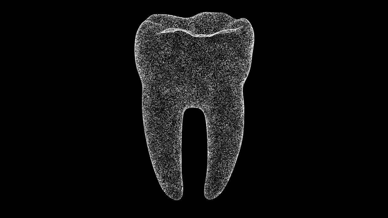 3D牙齿在黑色bg上旋转。物体溶解了闪烁的微粒。科学的医学理念。用于标题，文本，演示。3d动画60 FPS。视频素材