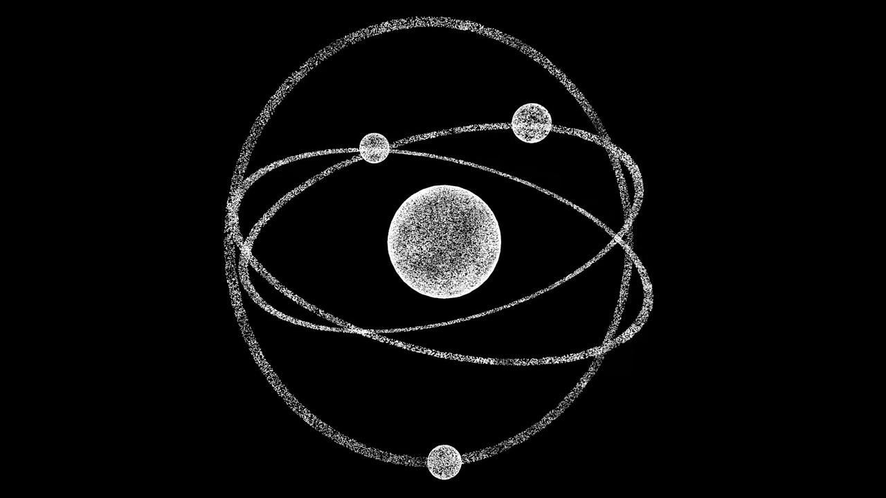 三维原子模型，原子核和电子在黑色bg上旋转。物体溶解了闪烁的微粒。科学的概念。用于标题，文本，演示。3d动画60 FPS视频素材