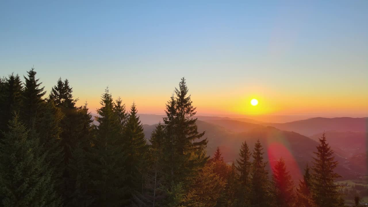 鸟瞰山野中五彩缤纷的日落。黑暗的松林被明亮的夕阳照亮。美丽的自然景观视频素材