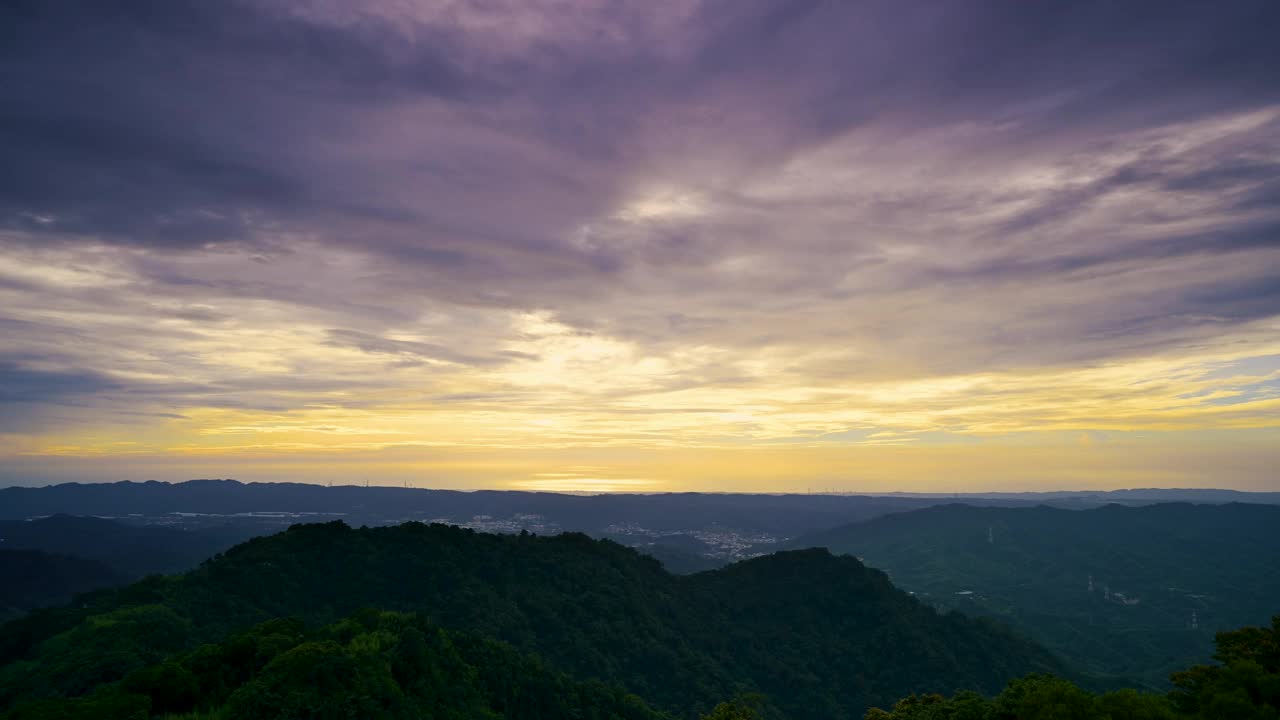 黄昏时山城的景色。橙色的天空和云景。视频素材