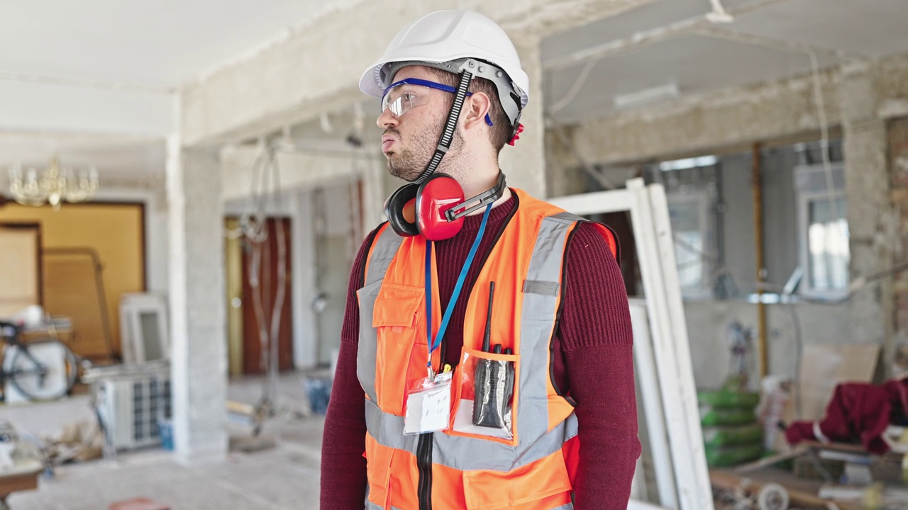 年轻的西班牙裔建筑工人在建筑工地脱下安全帽视频素材