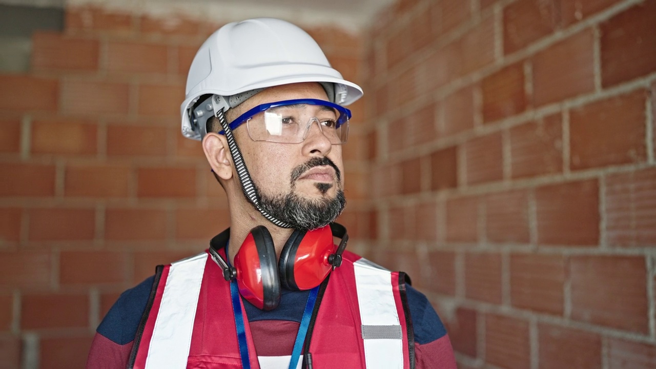 年轻的拉丁男建筑工人站在工地上，表情轻松视频素材