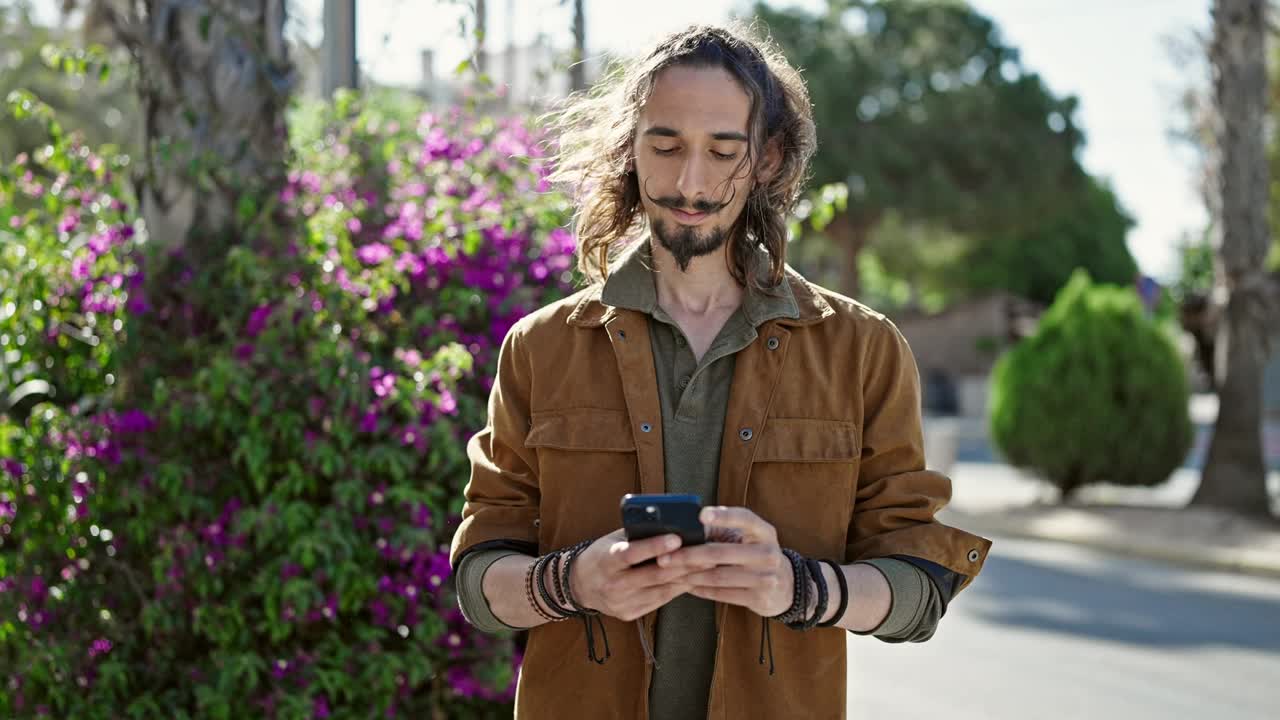 年轻的西班牙裔男子在公园用智能手机微笑视频素材