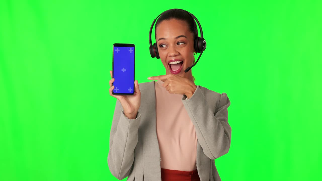 Phone, call center and woman on green screen, okay sign or contact us, marketing mockup and consultant. Mobile app space and agent face or customer care person, tracking markers and studio background视频素材