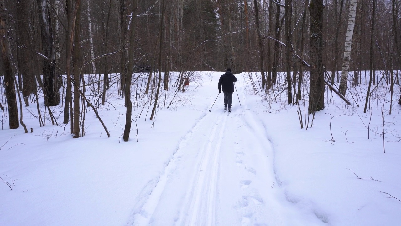 一个50岁的男人冬天在森林里滑雪视频素材