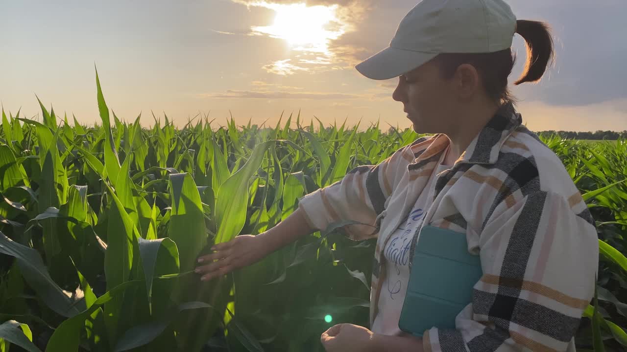 农妇在温暖的夏日日落中拥抱大自然之美视频素材