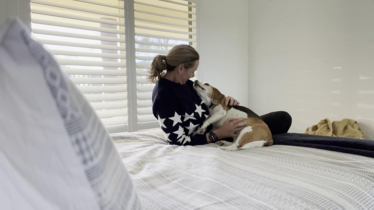 一名女子和她的小猎犬分享了一个充满爱的时刻视频素材