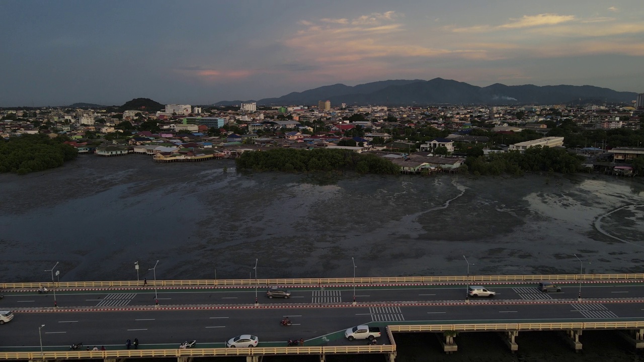 鸟瞰马路对面和泥泞海岸上的红树林，为教育和解决污染问题。视频素材