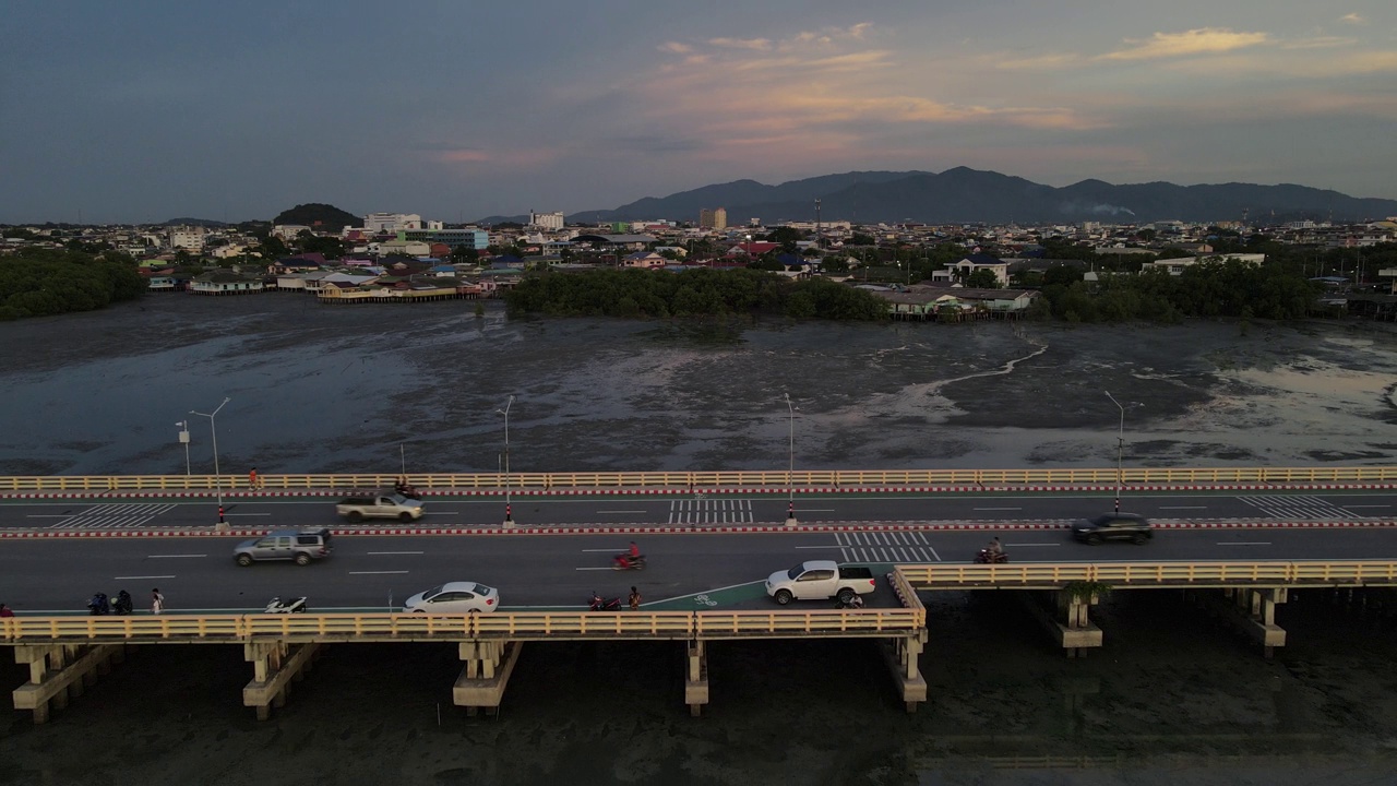 鸟瞰马路对面和泥泞海岸上的红树林，为教育和解决污染问题。视频下载