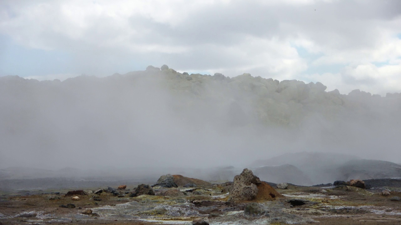 冒着热气的温泉在冰岛的火山硫磺田。视频素材