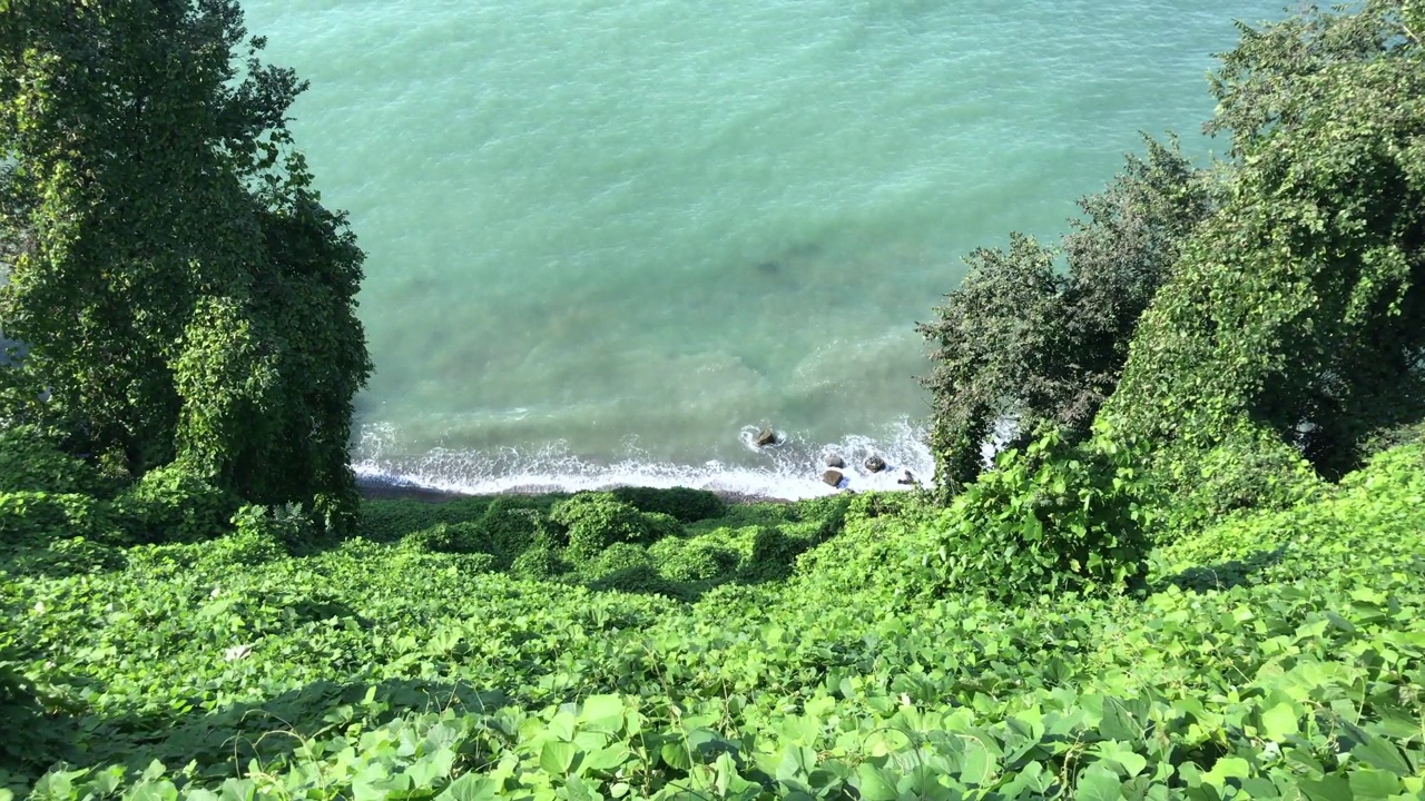 从一座绿色的小山顶上俯瞰大海视频素材