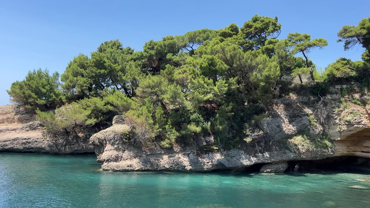 在黑山的夏天，蓝色的大海和岩石海岸长满了松树。视频素材