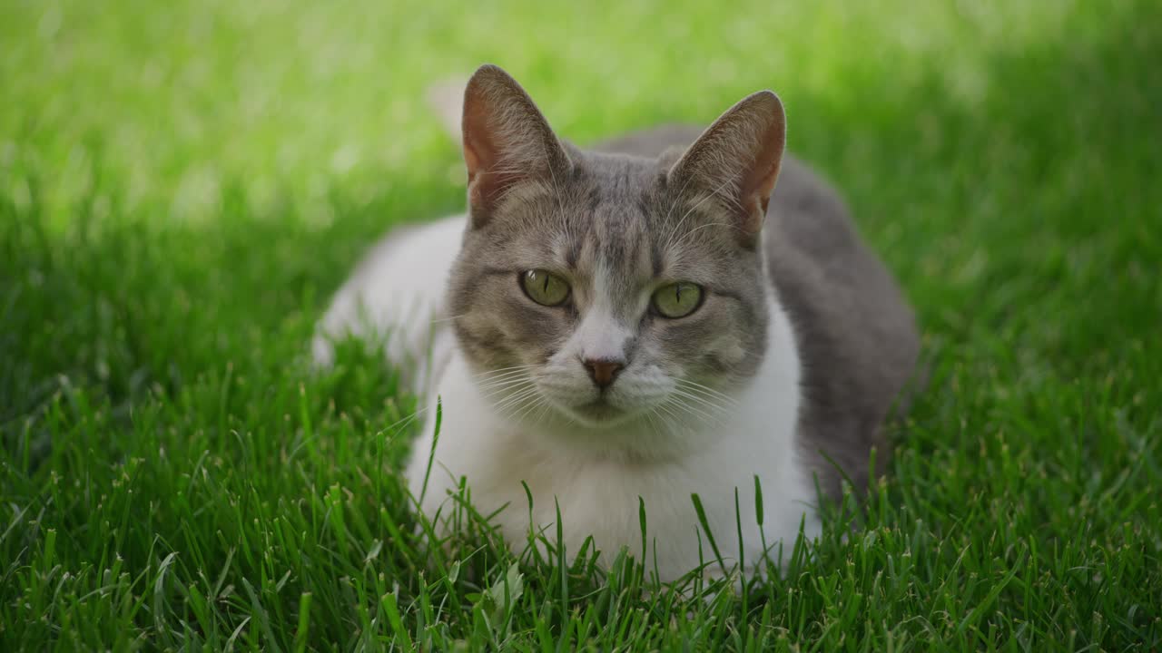 一只白色虎斑猫躺在花园外的绿草地上打瞌睡的特写视频素材