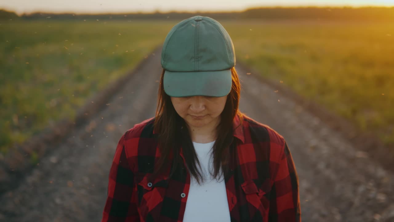 一位年轻的女工走过她耕地上犁过的土壤。视频素材