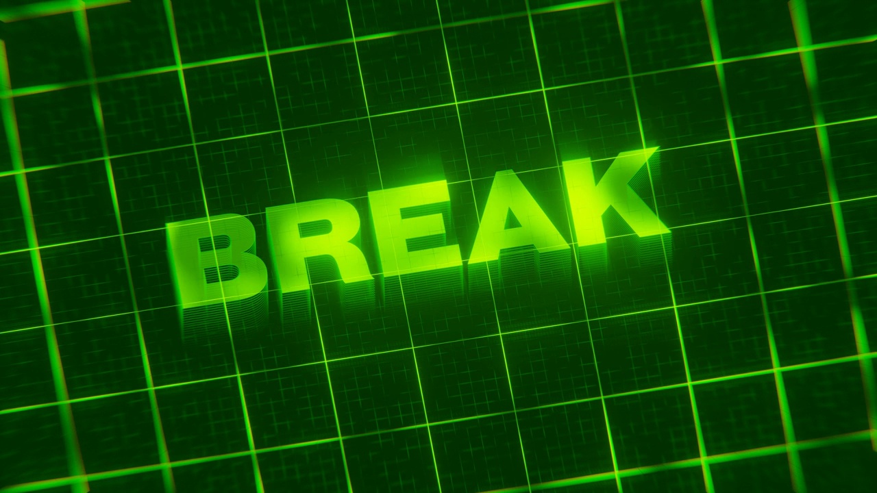 “BREAK”这个词的3D渲染动画被隔离在绿色的网络背景上视频素材