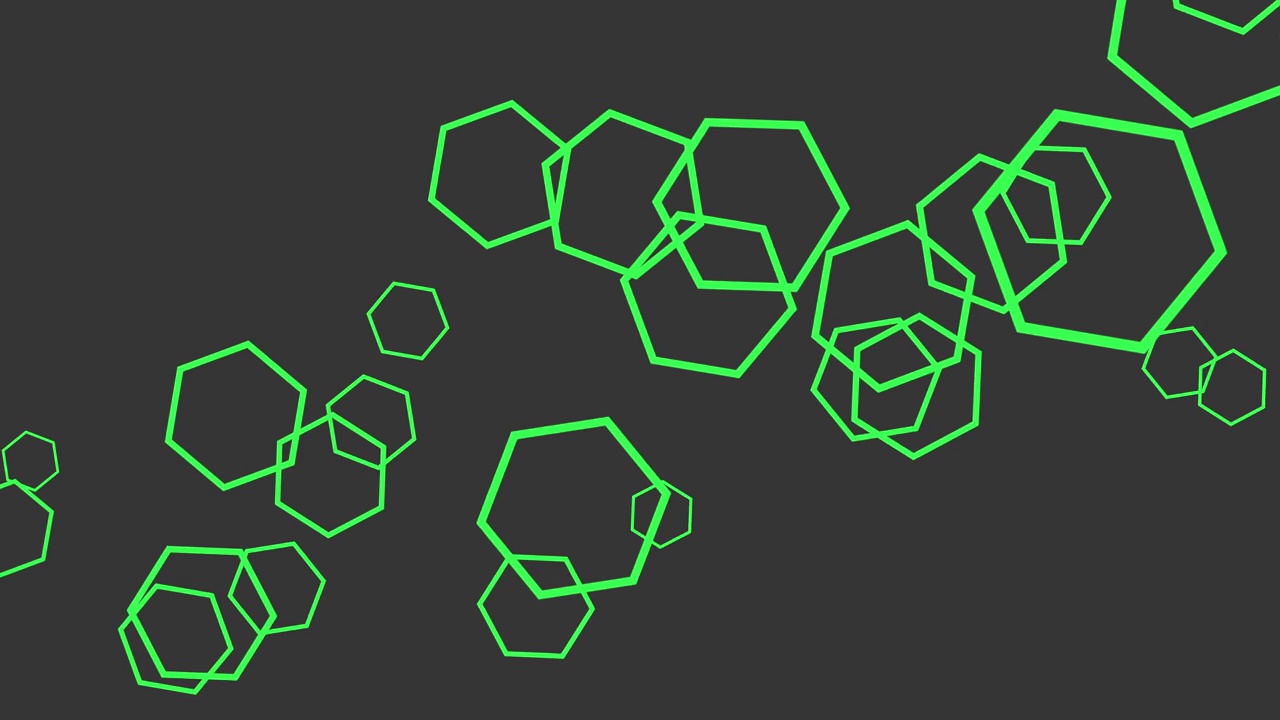 随机飞行的绿色几何六边形在黑色梯度视频素材