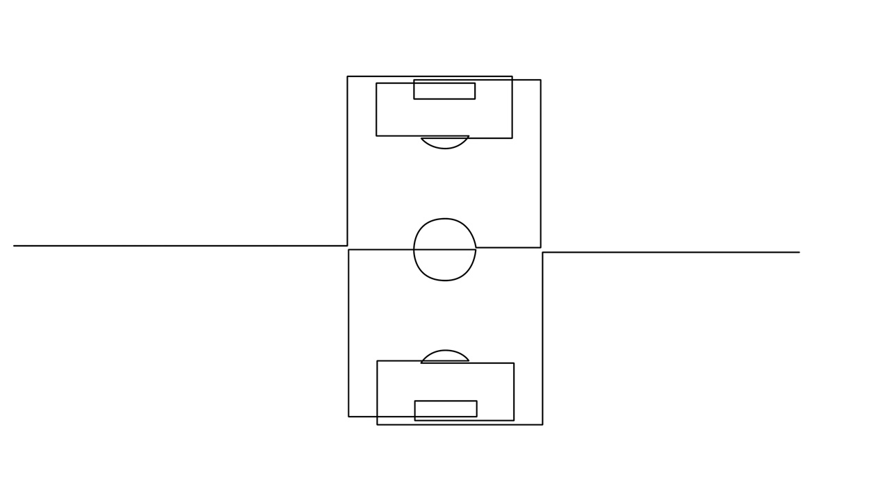 连续单线足球场的自绘制动画。用一条线绘制的动画足球场。视频素材