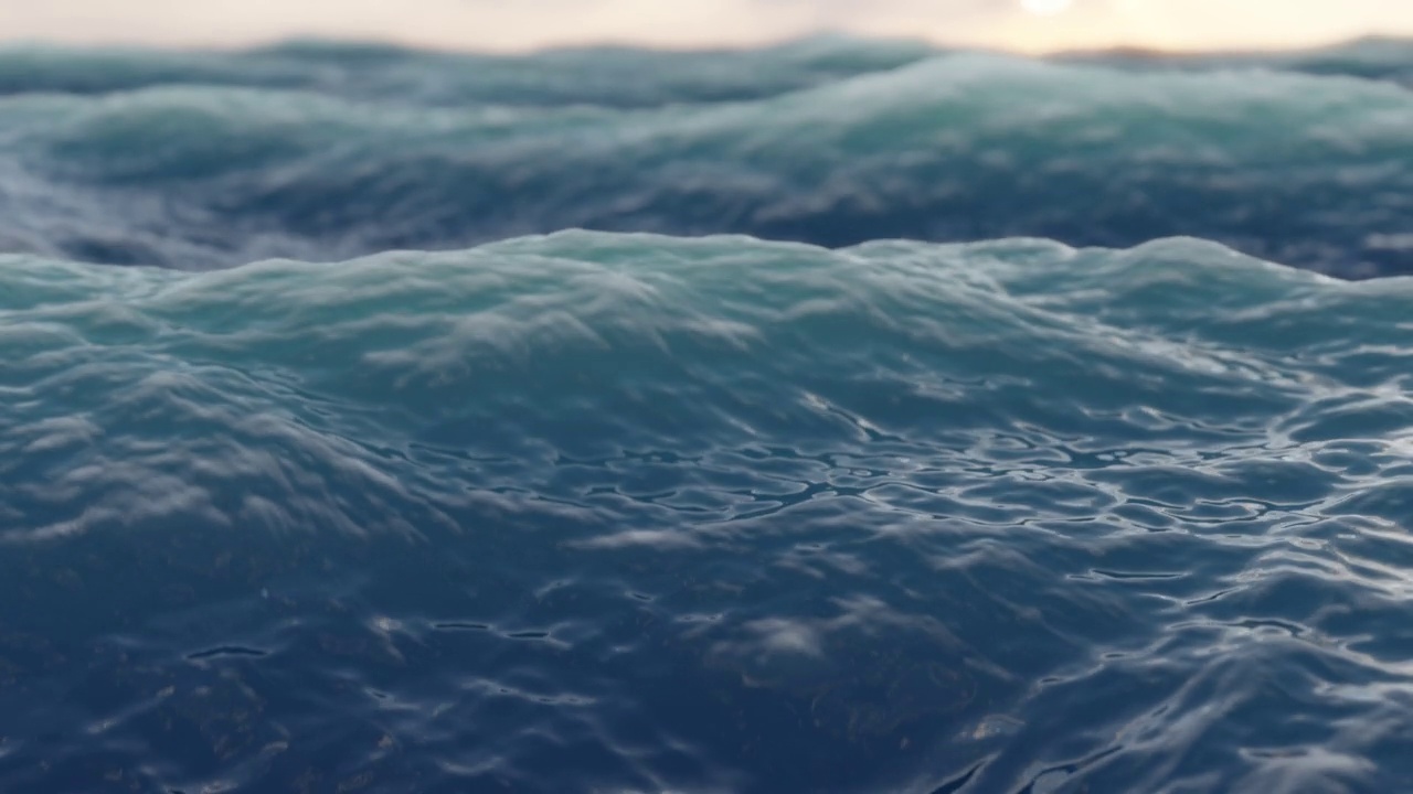 海洋上的波浪。暴风雨海循环场景。相机在水面上晃动。柔焦，低角度视角。特写镜头。日落在水面上的亮点。视频素材