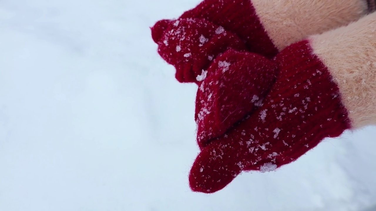 冬天，女人戴着红色针织连指手套，手里拿着雪。近距离看，只有双手，没有人情味的人视频素材