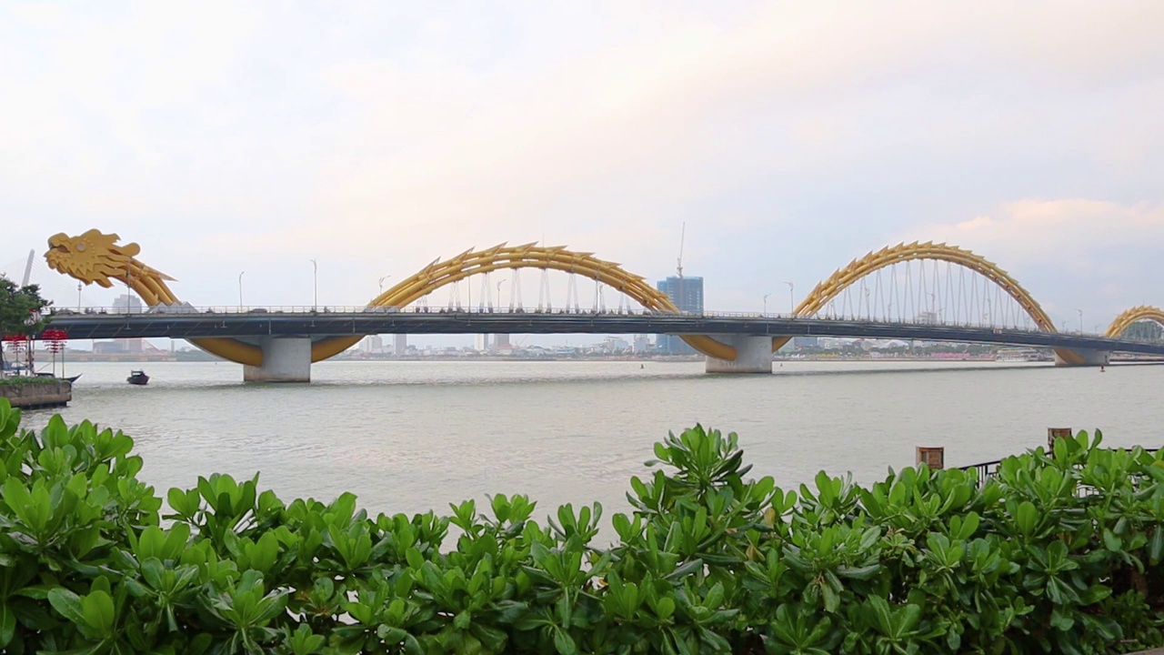 越南岘港汉江上的鲤鱼龙雕像和龙桥(岘港)。视频下载